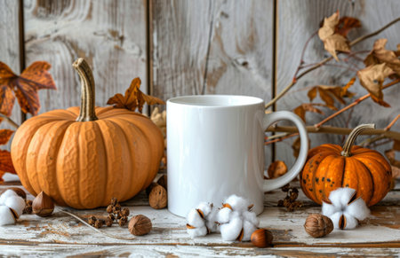 On a wooden table, a white mug is surrounded by autumn decor: dried branches, berries, a small pumpkin, cotton boll, and nuts. Background is blurry branches and leaves, creating a cozy fall vibe.の素材