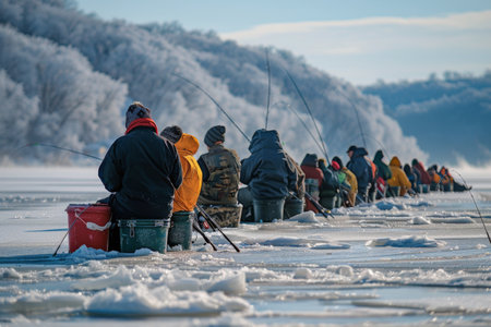 A long line of anglers sits on buckets, ice fishing on a frozen lake.の素材