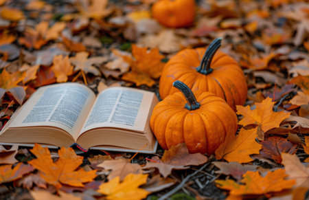 An open book sits among pumpkins and fallen leaves in a forest setting.の素材