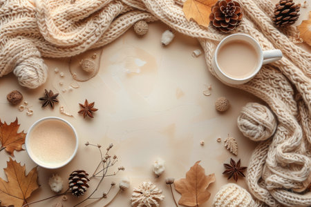 A flat lay featuring a cup of coffee, autumn leaves, a knitted blanket, and decorative items on a light beige surface.の素材