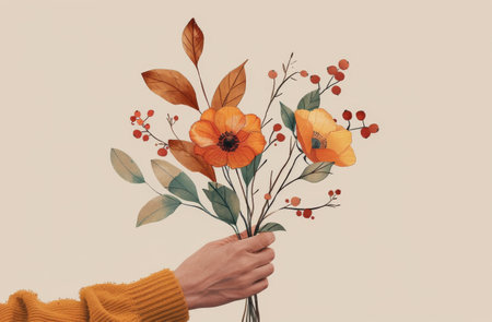 A hand holds a bouquet of dried flowers and red berries against a light cream wall.の素材