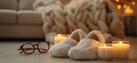 A pair of feet wearing warm knitted socks are resting on a couch. The scene is illuminated by lit candles and a blanket.の素材