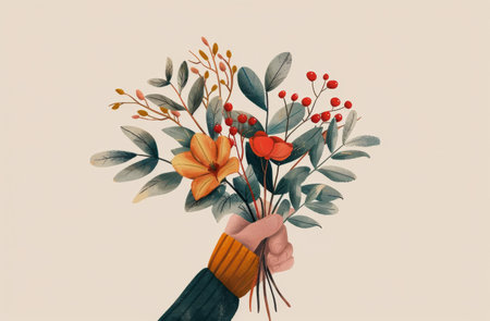 A hand holds a bouquet of dried flowers and red berries against a light cream wall.の素材
