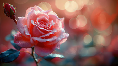 Detailed view of a red rose covered in water droplets, showcasing its delicate petals and the droplets glistening in the light.の素材