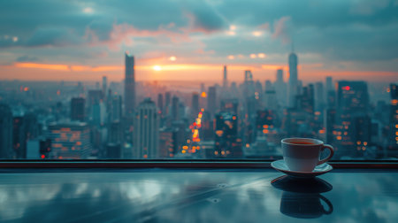 A cup of coffee sits on a window sill, steaming gently in the sunlight filtering through the glass.の素材