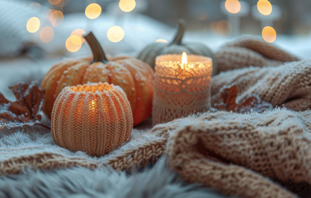 Two lit candles in knitted holders sit on a soft gray blanket with autumn leaves. The warm glow of the candles creates a cozy and inviting atmosphere.の素材