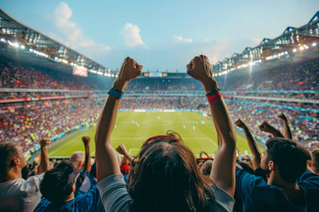A close-up photo of a fans clenched fist, raised in celebration during a soccer match. The image features a blurred stadium background with a green field and people in the stands.の素材