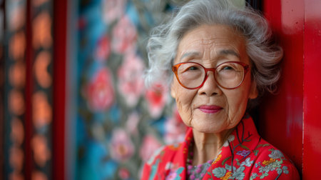 An older woman with glasses wearing a red shirt.の素材