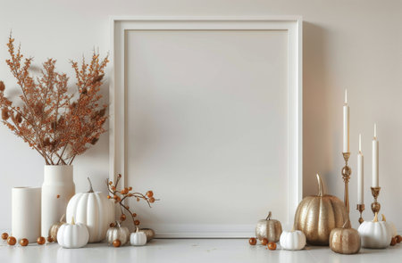 A white framed canvas mockup on a white mantel with a variety of pumpkins, dried flowers, and candles.の素材