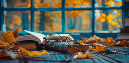 A close-up shot of vintage books and glasses resting on a bed of autumn leaves with wisps of smoke.の素材