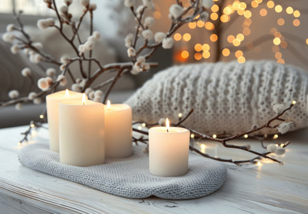 Three white candles burning on a table, surrounded by white twigs and a gray knitted pillow. The warm glow creates a cozy atmosphere.の素材