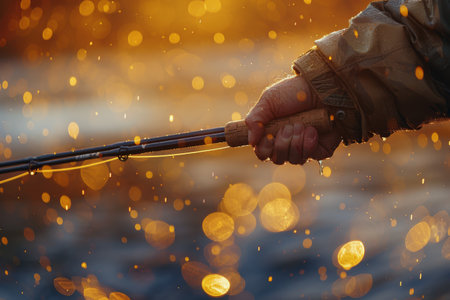 A close-up shot of a fishermans hand holding a fishing rod in the rain. The rod is wet, and water droplets are visible on the line.の素材