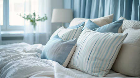 A bed with a cluster of pillows neatly arranged on top.の素材