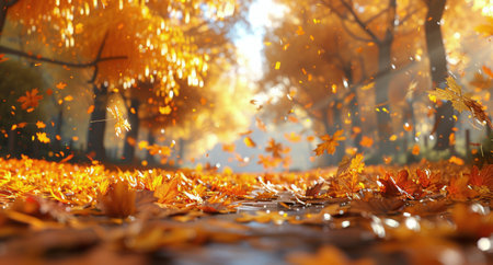 A beautiful image of golden leaves falling from a tree on a sunny autumn day.の素材
