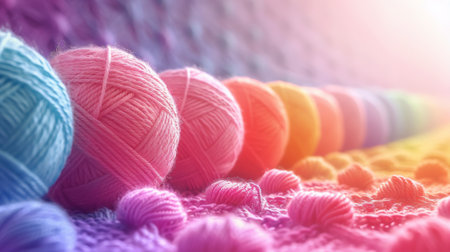Several yarn balls of various colors and sizes are positioned on a wooden table.の素材