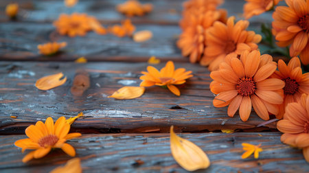 A close-up shot of orange flowers scattered on a weathered wooden surface.の素材