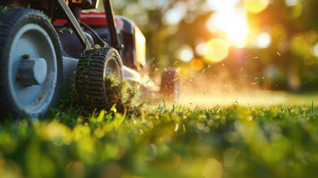 A lawn mower sits on a lush green field, ready for use.の素材