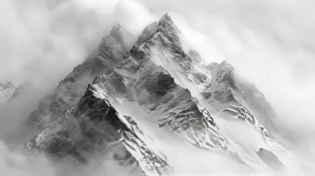 A mountain engulfed in dense clouds with lightning striking the sky above, creating a dramatic and intense natural spectacle.の素材