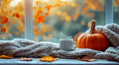 A warm and inviting autumn scene featuring a pumpkin, leaves, and two cups of tea on a windowsill, with a cozy blanket and a blurred view of fall foliage outside.の素材