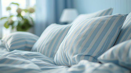 A simple, neatly made bed with blue and white sheets and pillows.の素材