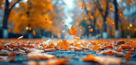 A close-up view of fallen leaves on a city sidewalk, with more leaves falling from the trees in the background.の素材
