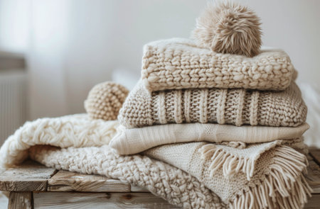 A stack of four knit sweaters in various shades of beige and white, resting on a wooden surface in a home interior setting.の素材
