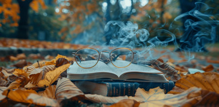 A close-up image of an open book with glasses and autumn leaves scattered on a table in a library.の素材