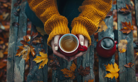 A persons hands, wearing warm yellow knitted gloves, hold a red mug of tea on a wooden table scattered with colorful autumn leaves.の素材