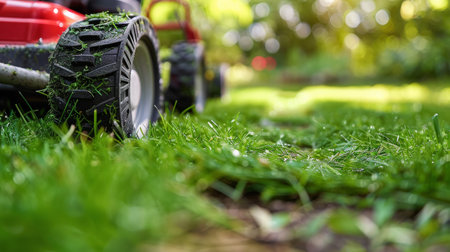A lawn mower sits on a lush green field, ready for use.の素材