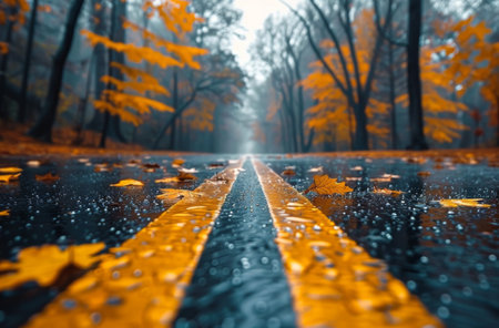 A close-up image of a wet asphalt road with yellow lines, fallen autumn leaves, and a background of trees.の素材