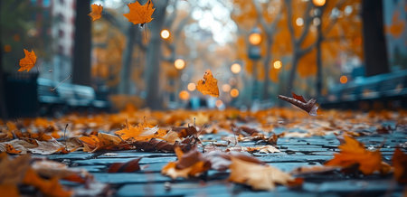 A close-up view of fallen leaves on a city sidewalk, with more leaves falling from the trees in the background.の素材
