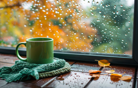 A green mug sits on a windowsill, with raindrops on the glass and leaves scattered on the wooden surface.の素材