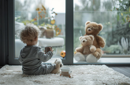 A young child sits on a white rug with a cup of coffee, facing a large sliding glass door that opens onto a backyard.の素材