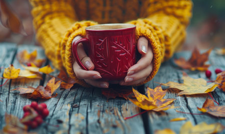 Close-up of a womans hands holding a red mug with a warm drink, surrounded by fall leaves on a wooden surface.の素材