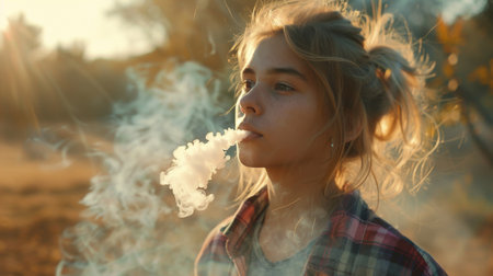 A young girl is smoking a cigarette in a field.の素材