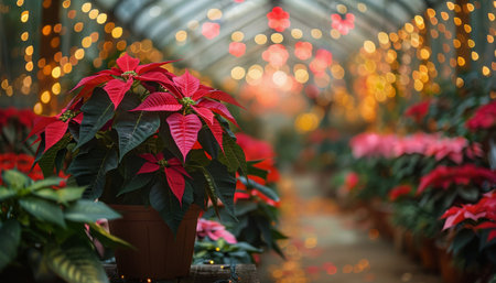 Close-up of vibrant red and pink poinsettia plants in a greenhouse setting with string lights blurred in the background.の素材