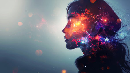 A woman stands with her eyes closed, observing a space filled with twinkling stars.の素材