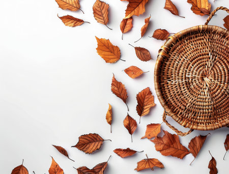 A wicker bag with a woven texture is surrounded by fallen autumn leaves on a white background.の素材