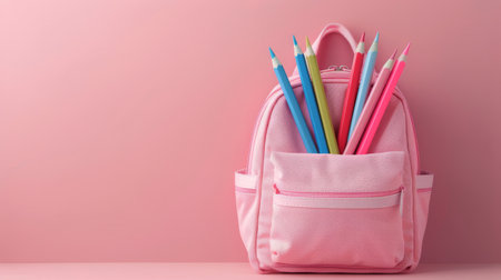 A pink backpack filled to the brim with pencils sticking out of it, creating a colorful and organized mess.の素材