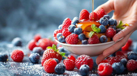 A person is pouring syrup over a bowl filled with assorted fresh fruits, creating a delicious and sweet topping.の素材