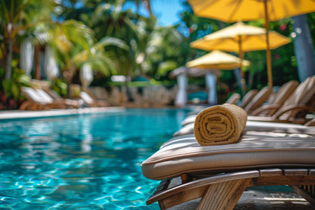 A Rolled towel on a lounge chair next to a tropical pool with palm trees and umbrellas in the background.の素材
