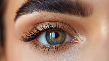 Close-up of an eye with exceptionally long lashes, showing intricate details of the lash length and texture.の素材