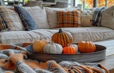 A white pumpkin and a vase of dried flowers sit on a rustic coffee table, with other pumpkins and a blanket in the background.の素材