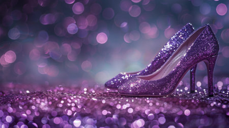 A pair of purple high heeled shoes displayed on a table, showing their vibrant color and elegant design.の素材
