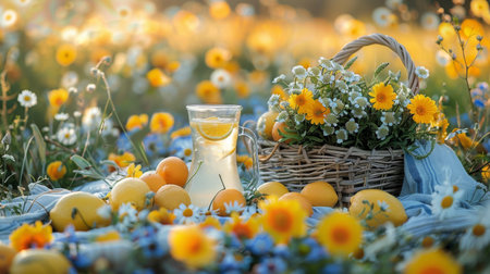 A basket filled with bright yellow flowers placed next to a clear bottle of liquid.の素材
