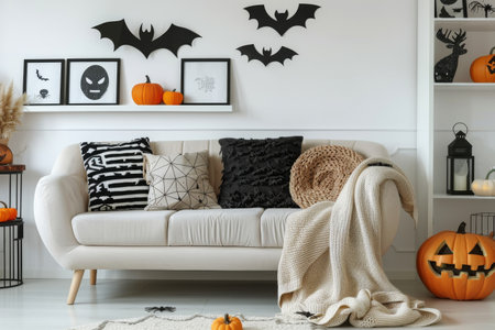 A living room decorated for Halloween with bat cutouts, pumpkins, and a white couch with throw pillows.の素材