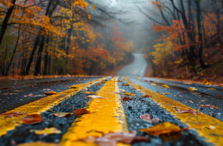 A close-up image of a wet asphalt road with yellow lines, fallen autumn leaves, and a background of trees.の素材