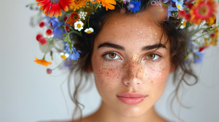 A woman stands with flowers in her hair, creating a vibrant and natural adornment.の素材