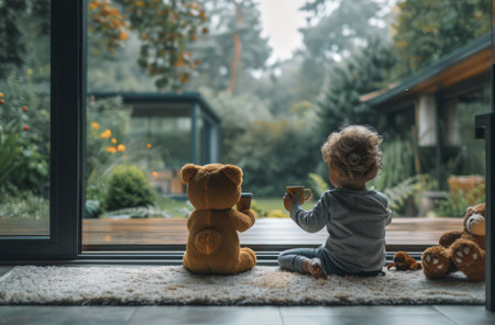 A young child sits on a white rug with a cup of coffee, facing a large sliding glass door that opens onto a backyard.の素材