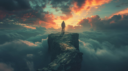 A lone figure stands on the edge of a clifftop, looking out over a sea of clouds as the sun sets, creating a vibrant orange and pink sky.の素材